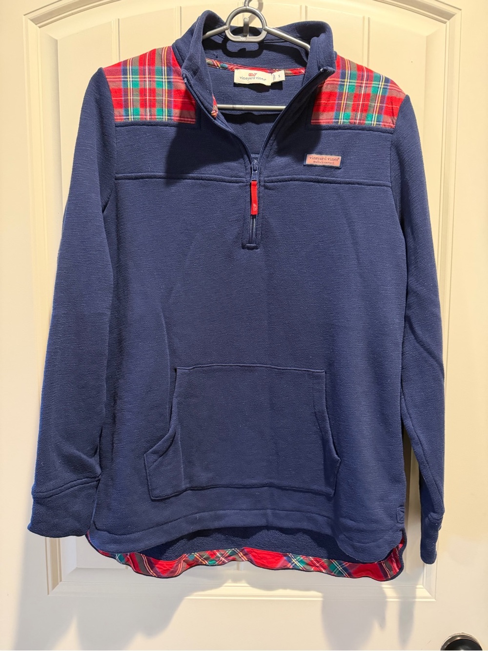 Vineyard Vines Navy Half-Zip Sweater with Red Plaid Accents. Size small.